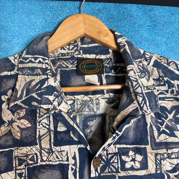 Vintage Hawaiian Reserve Shirt Floral Blue Cream Tan Aloha Button Up L - Picture 3 of 14